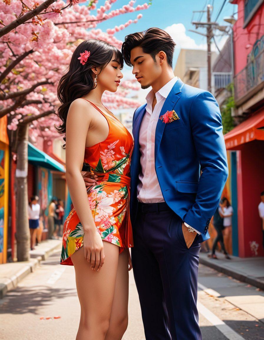 A captivating fusion of vibrant anime characters showcasing erotic allure and Latino cultural elements, surrounded by whimsical backgrounds of both urban and tropical settings. Incorporate elements like cherry blossoms and colorful street murals. Emphasize playful seduction with glamorous poses, using a palette of warm and seductive tones. super-realistic. vibrant colors.